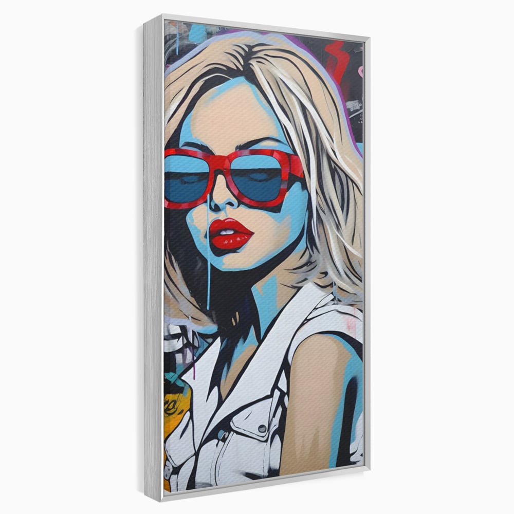 Tablou canvas cu tablou canvas portret pop art femeie cu ochelari, in rama de aluminiu argintiu